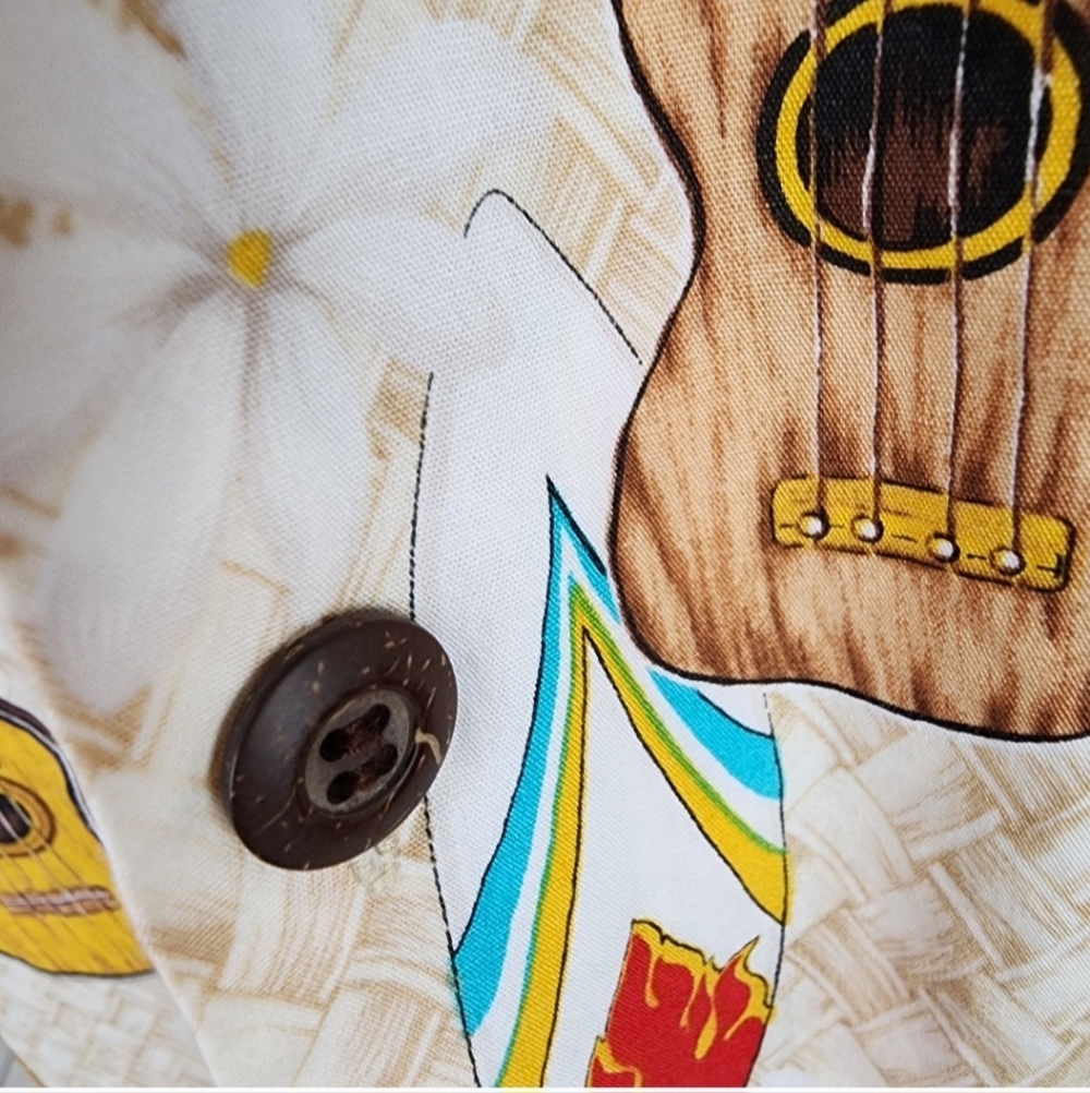 Vintage Hawaiian Camp Shirt Button Front Ukulele Surfboard Cream Size XXL - Picture 5 of 12